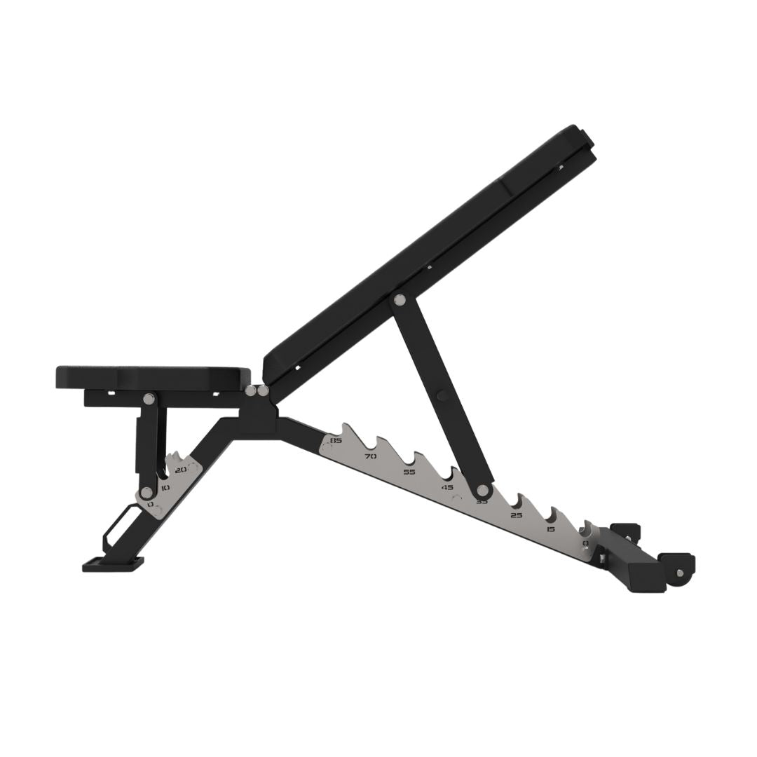 A side view of the Omega Adjustable Bench from Xpeed
