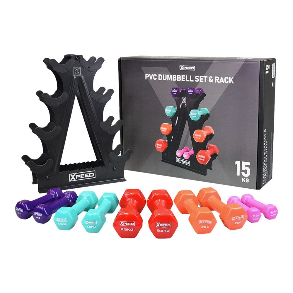 Xpeed 15kg PVC Dumbbell Set + Rack – BlueSL Australia